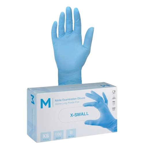 Disposable Nitrile Gloves, Powder Free, Blue, XS, 240mm (100)