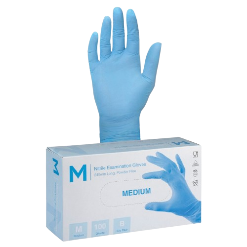 Disposable Nitrile Gloves, Powder Free, Blue, Medium, 240mm (100)