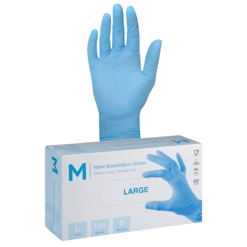 Disposable Nitrile Gloves, Powder Free, Blue, Large, 240mm (100)